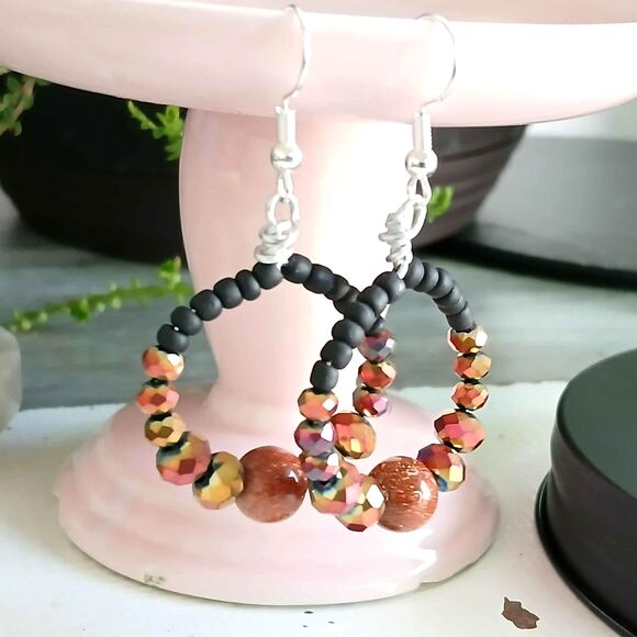 Boho Chic Goldstone Dangle Earrings, Statement Gemstone Jewelry, 2" - Picture 3 of 4